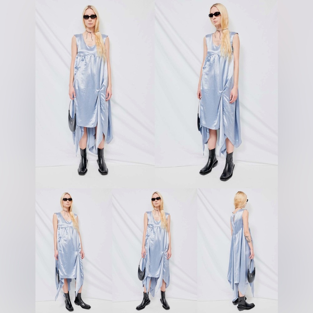 Collina Strada Dara Light Blue Satin Midi Dress Drapey Asymmetric Avant Garde - Picture 4 of 16